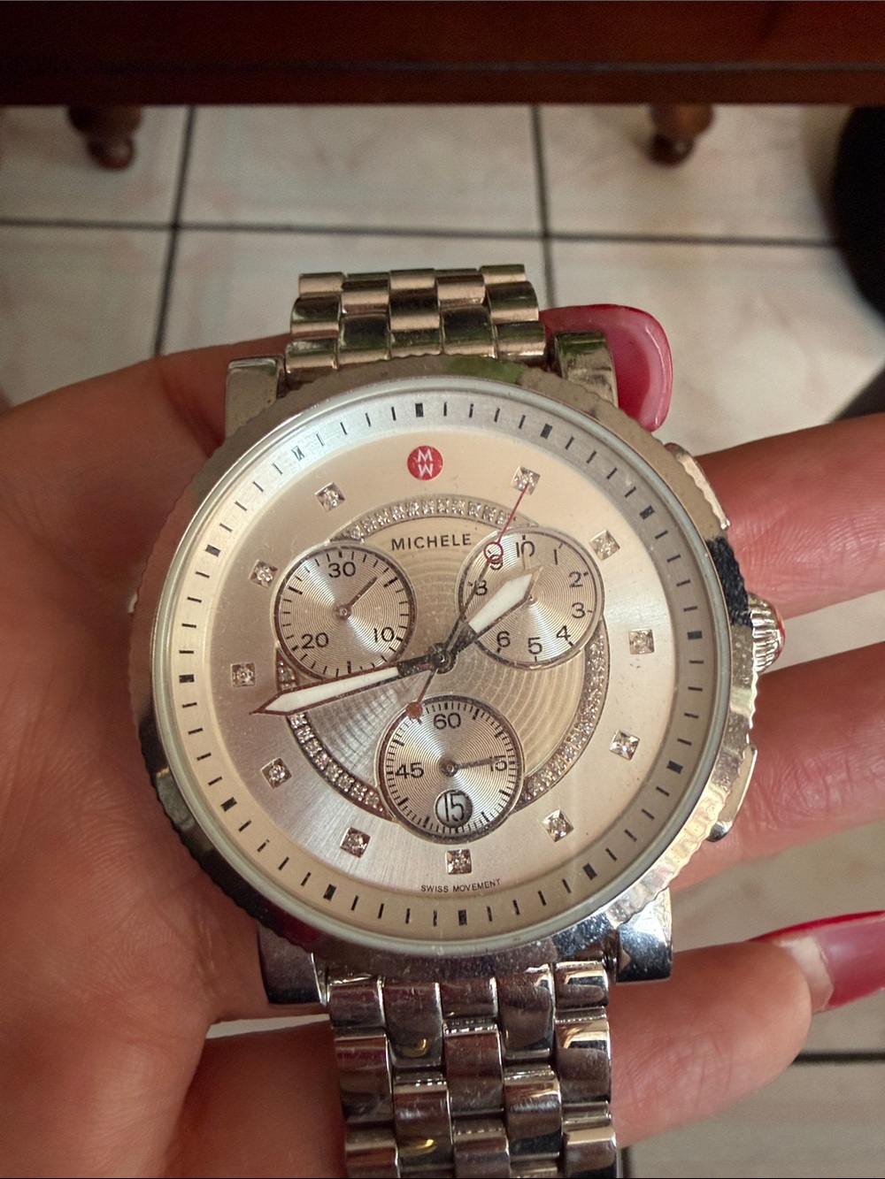Michele Silver-Tone Chronograph Watch with Diamond Accents